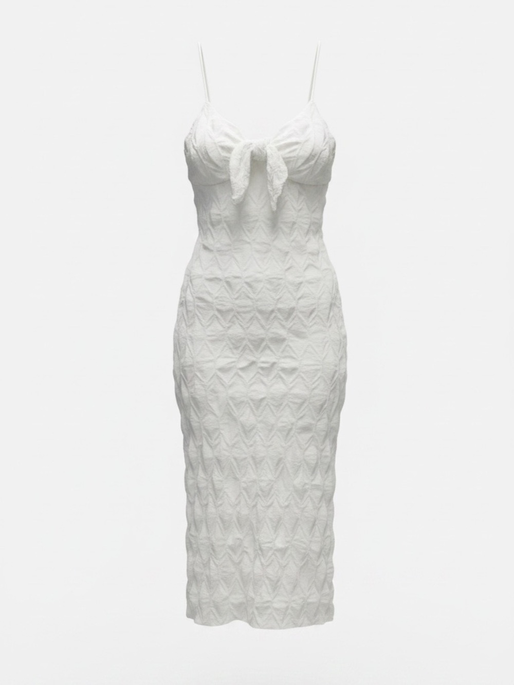 Textured Tie-Front White Midi Dress